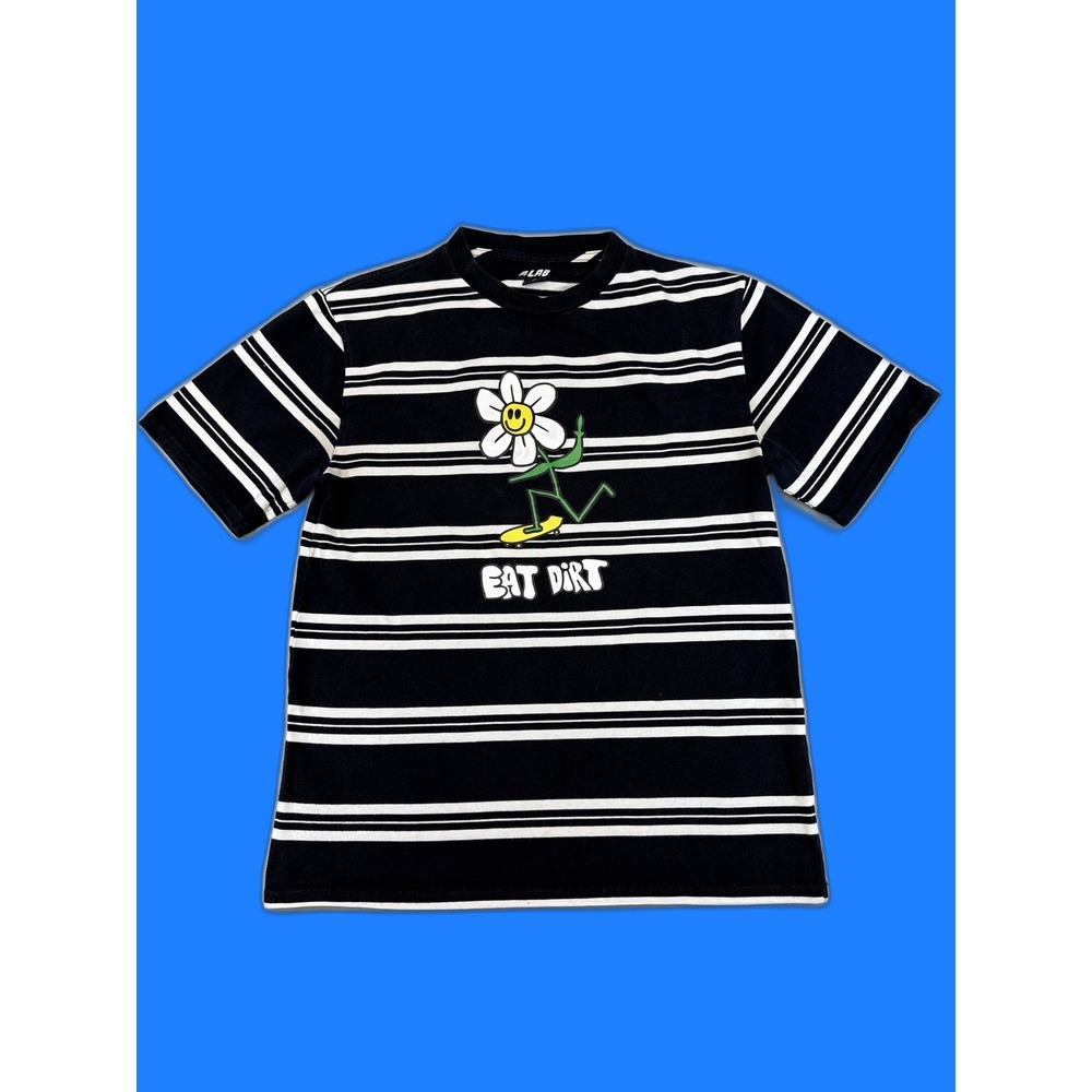 A.LAB Daisy Cartoon Striped Graphic Tee M Black Short Sleeve Crewneck Cotton LAB
